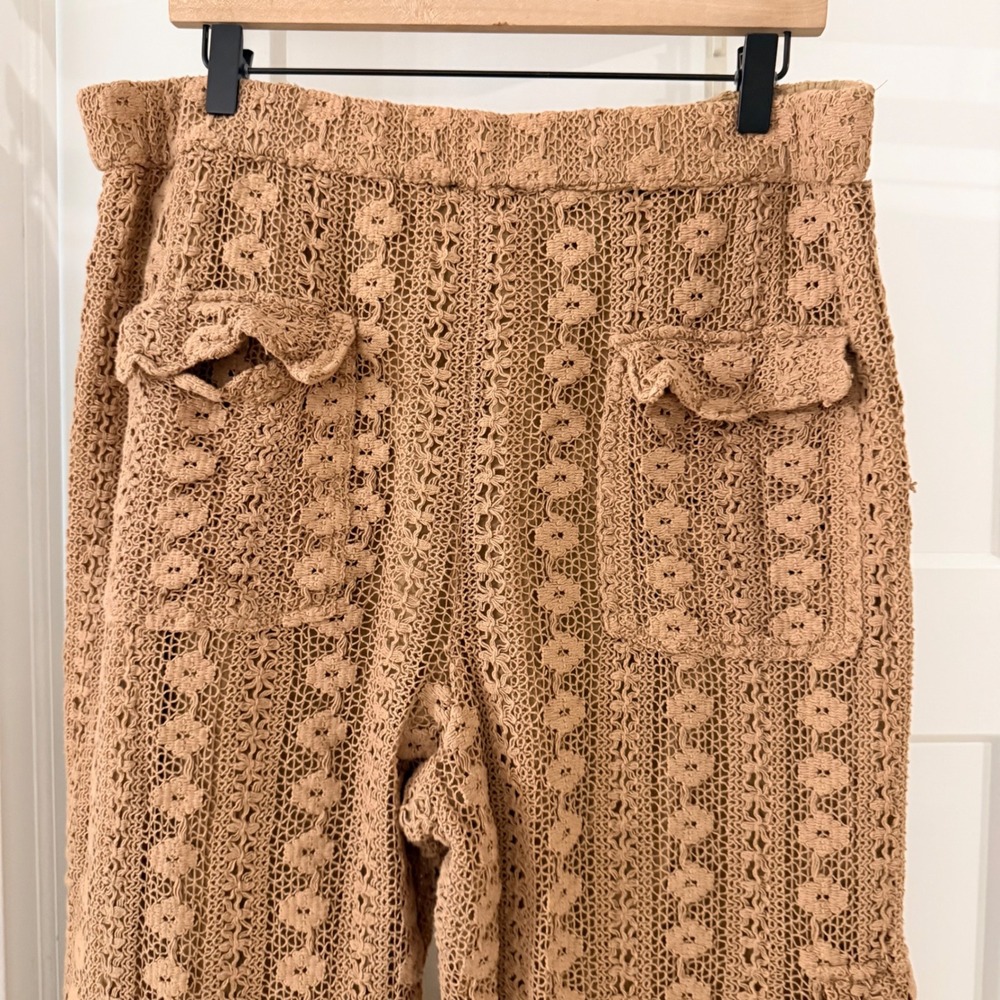 Anthropologie Crochet Cargo Pants Tan Brown Wide Leg XL Boho Beachy Coastal Knit - Picture 9 of 10